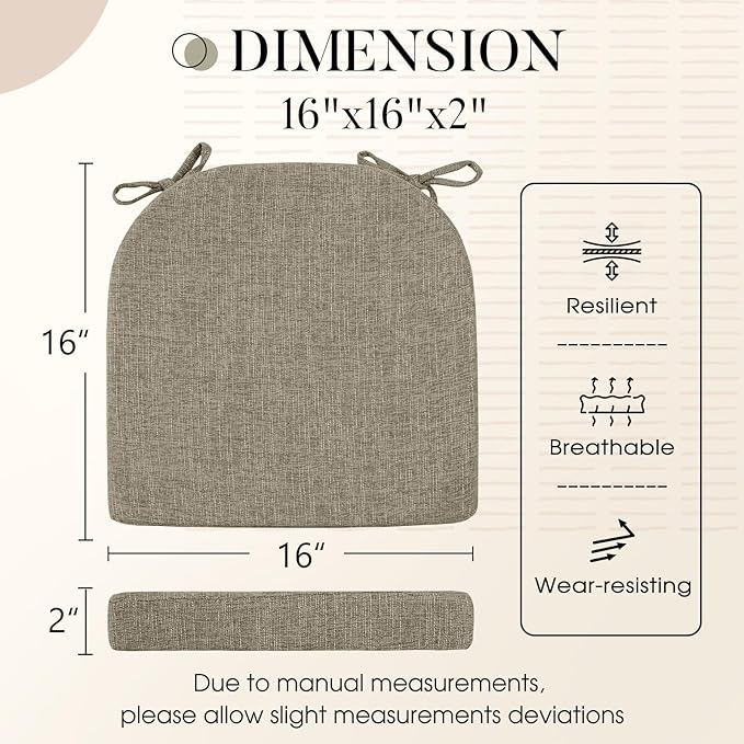 Basic Beyond Chair Cushions for Dining Chairs 4 Pack, Kitchen Chair Cushions with Ties and Non Slip Backing, 16 x 16 inches Chair Pads for Dining Chairs (Khaki)