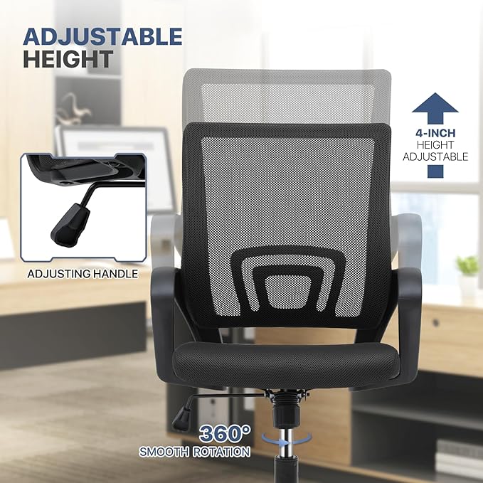 MoNiBloom Mesh Office Chair, Ergonomic Computer Chair for Adults, Rolling Swivel Mid-Back Desk Chair with Lumbar Support, Comfy Armrest for Home Office, Gaming, Black