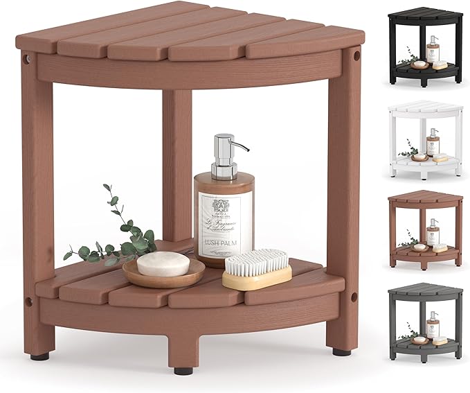 Corner Shower Stool for Inside Shower, HDPE Waterproof Shower Bench Seat Chair, Teak-Color Plastic Bath Shower Stool for Shaving Legs Foot Rest with Storage Shelf, Adjustable & Non-Slip Feet