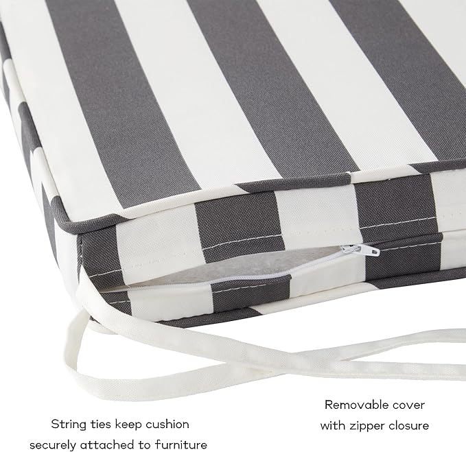 Outdoor 18 inch Square Patio Dining Chair Pads – Comfortable Fiber-Filled Seat Cushions with Ties, Reversible Polyester Fabric - Canopy Stripe Gray, Set of 4