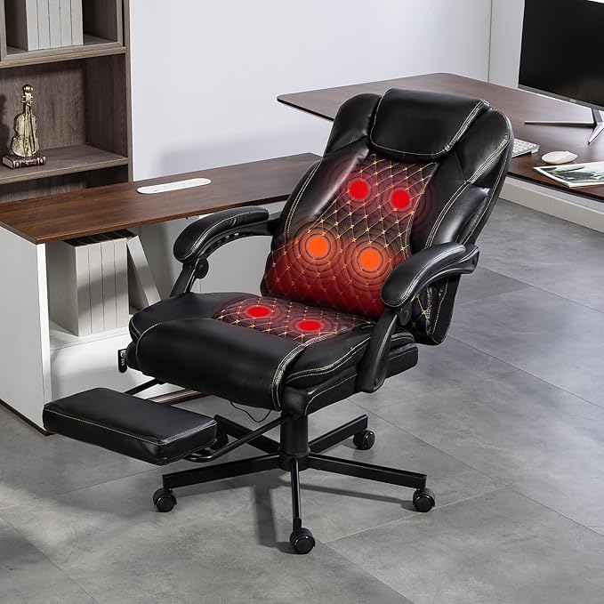 Massage Office Chair with Footrest, 6 Points Vibration Heating Executive Chair, Ergonomic Home Office Desk Chair with Linkage Armrest, Reclining Backrest, Lumbar Support, PU Leather, Black
