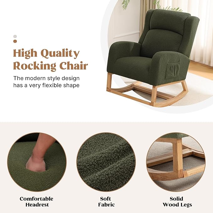 HCHAIRH Rocking Chair Nursery, Nursing Rocking Chairs for Mom Nursery, Comfy Wingback Teddy Glider Rocking Armchair with Foot Rest and Side Pocket for Nursery Living Room Bedroom, Green