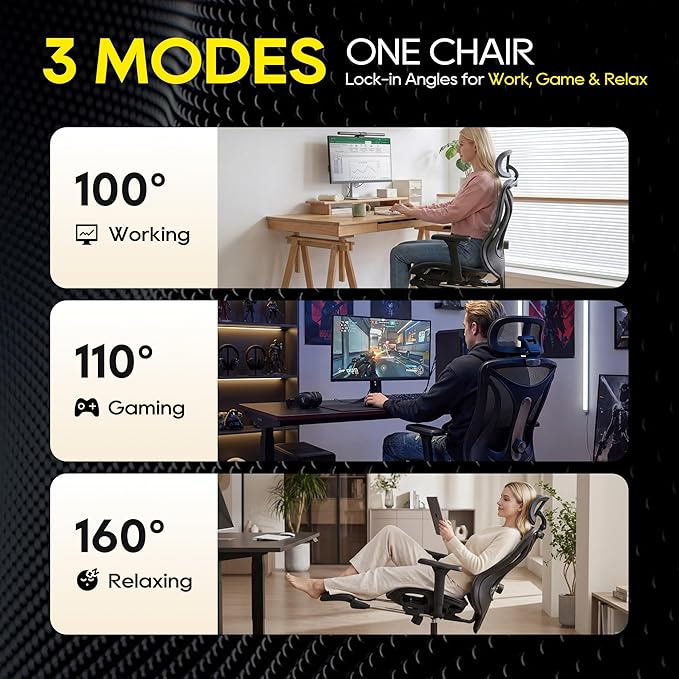 CYKOV Ergonomic Office Chair with Footrest - Adjustable Lumbar Support & Headrest, 90-160° Reclining Mesh Back Computer Chair - Home Office/Gaming, 350lbs Capacity (SGS Certified) (B-Grey, Mesh)