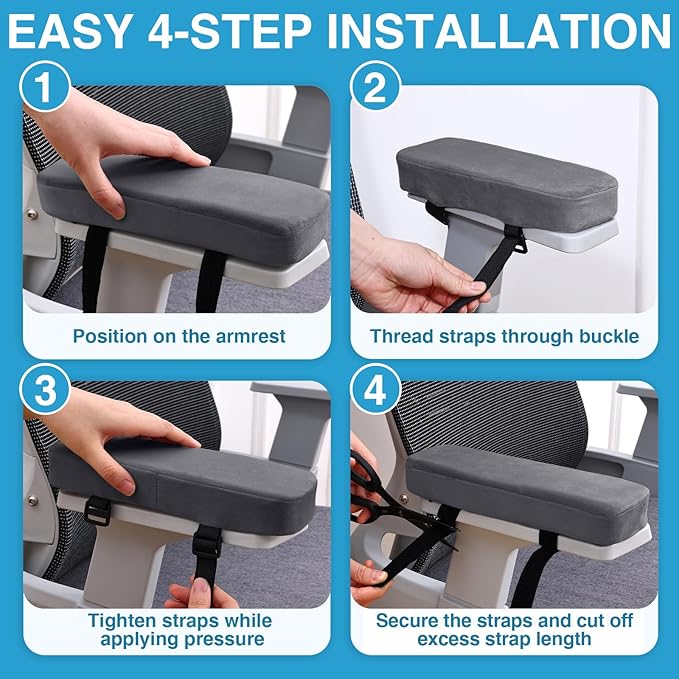 Smiry Ergonomic Office Chair Armrest Pads, Memory Foam Arm Rest Covers, Non-Slip Armrest Cushion with Adjustable Buckles and Straps, Elbow Relief for Desk, Gaming & Wheelchair (Dark Grey, Set of 2)