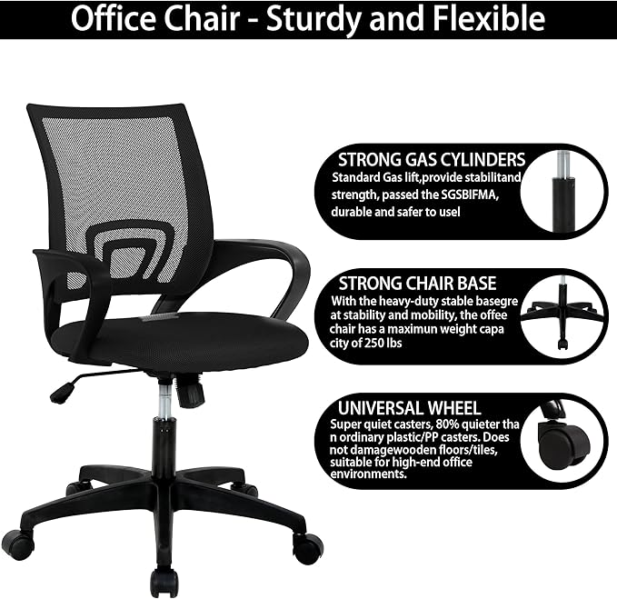 Executive Office Chair with Lumbar Support - Premium Mesh Back, Multi-Function Mechanism (250lbs Capacity), PVC Base, Black