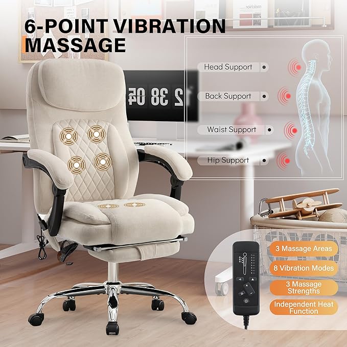 500LBS Massage Office Chair, 6 Points Vibration & Heat Executive Office Chairs, 135°Reclining Comfy Desk Chair with Foot Rest, Wider & Thicker Seat Cushion, Fabric Big and Tall Gaming Chair, Beige