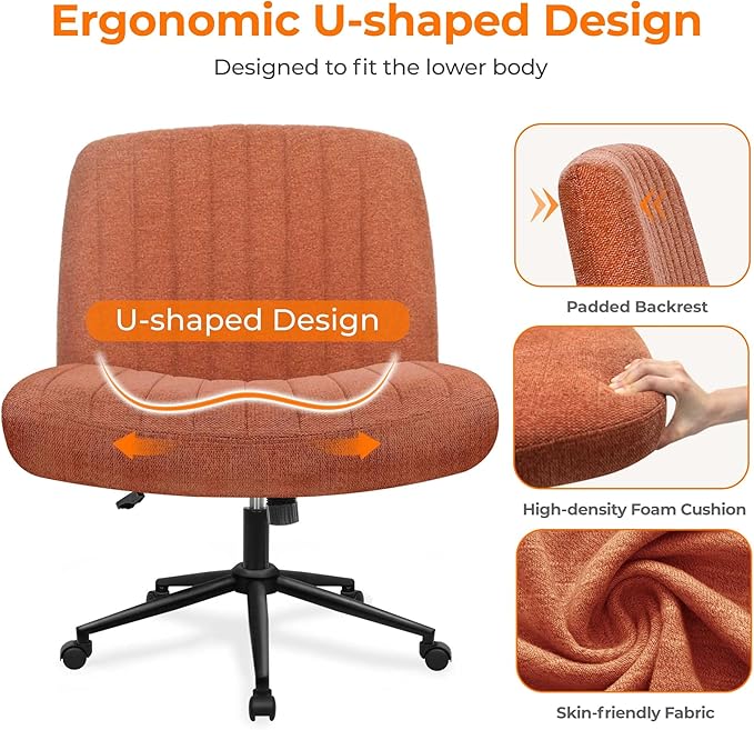 NEO CHAIR Criss Cross Chair with Wheels Armless Cross Legged Office Desk Wide Comfy Vanity Makeup Chair Adjustable Swivel Rolling Computer for Home Office Fabric (Brown)