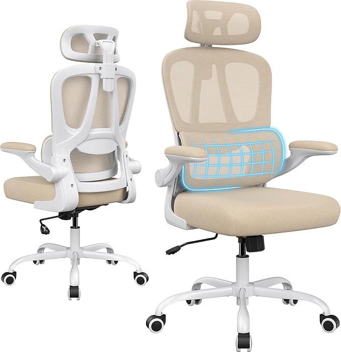 Breathable All-Mesh Ergonomic Chair with Headrest - High Back Desk Chair for Cool, Sweat-Free Work Sessions, Silent Casters Perfect for Bedroom Office (Khaki)