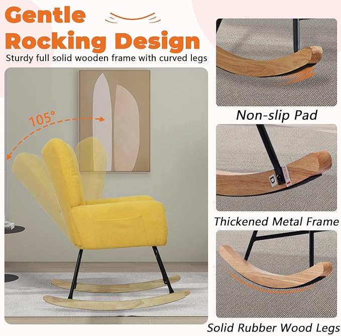 Nursery Rocking Chair Teddy Upholstered Glider Rocker,Rocking Accent Chair Padded Seat with High Backrest,Solid Wood Legs for Nursery Bedroom Living Room(Yellow