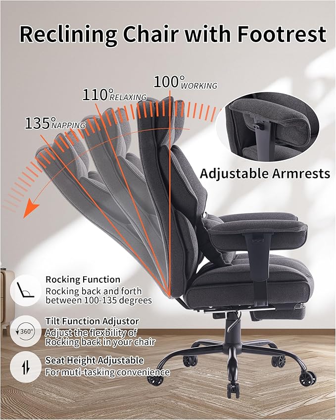 Efomao Fabric Office Chair, Big and Tall Office Chair 400 lb Weight Capacity, High Back Executive Office Chair with Foot Rest, Ergonomic Office Chair for Back Pain Relief, Dark Grey