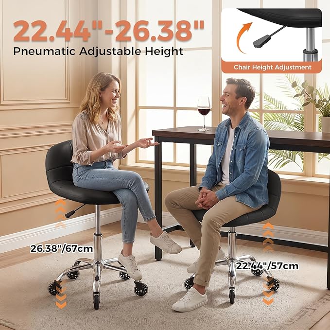 Rolling Stool Chair with Wheels, Height Adjustable Stool with Back Support, Office Drafting Chair with PU Leather Cushion for Home Office Kitchen Vanity Salon Garage Tattoo Dentist Esthetician(Black)