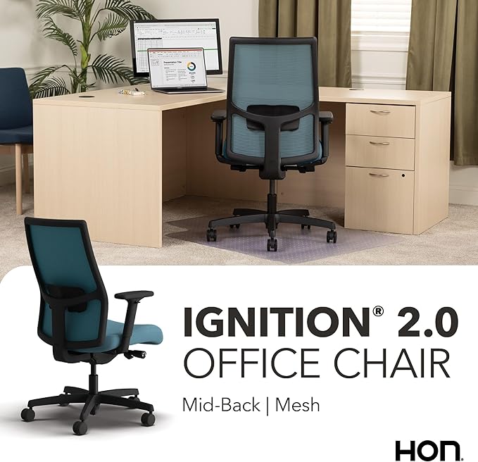 HON Ignition 2.0 Mid Back Task Chair, Spectrum Mesh, Advanced Synchro-Tilt Control, Office Chair with Lumbar Support, Height and Width Adjustable Arms, Black Frame, Sky