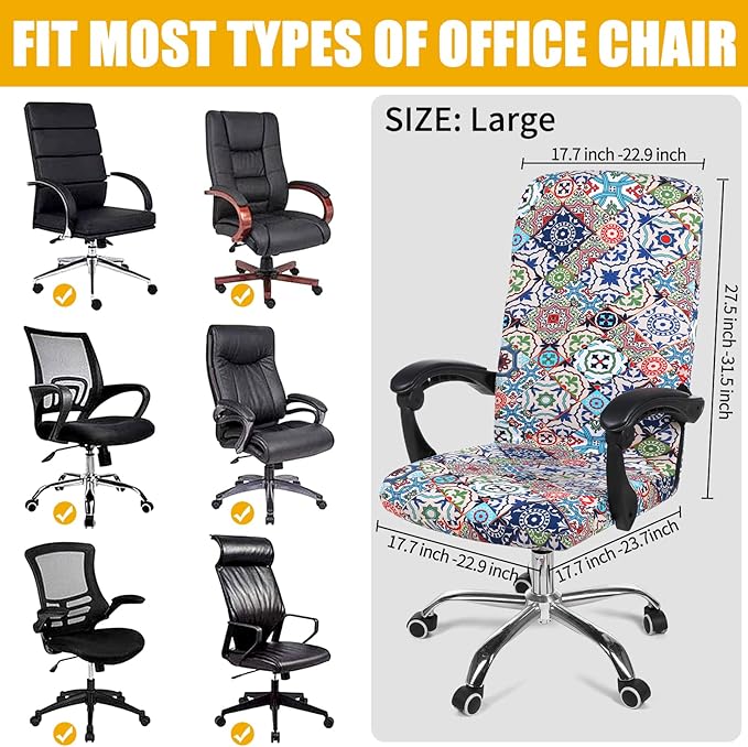 Smiry Stretch Printed Office Computer Chair Covers, Universal Desk Rotating Chair Slipcovers Removable Washable, Soft Fit Anti-Dust Spandex Protector Cover with Zipper, Colorful