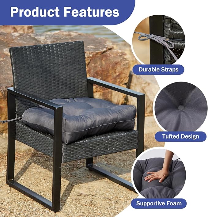 IPYNBAP Outdoor Chair Cushions Set of 2, Patio Chair Cushions with Ties, 17x17+4” Tufted Outdoor Seat Cushions, Waterproof Patio Furniture Cushions, Outdoor Dining Chair Pads, Dark Grey
