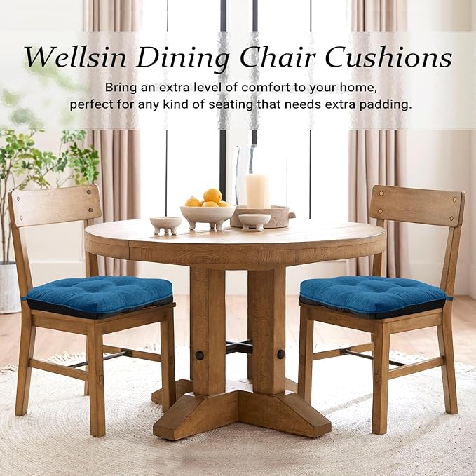 Wellsin Chair Cushions for Dining Chairs, Non-Slip Kitchen Chair Pads with Ties, Tufted Shredded Foam Kitchen Chair Cushions Set of 2, 15.5" X 15.5", Turquoise