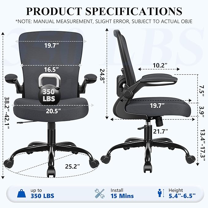 FelixKing Office Chair, Ergonomic Desk Chair Breathable Mesh Chairs Adjustable High Back Lumbar Support Flip-up Armrests, Executive Rolling Swivel Comfy Computer Chairs Home Office Dark Gray