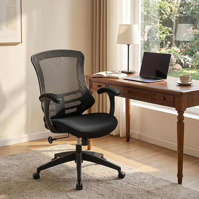 HAMESS Ergonomic Office Chair for Home Office with Mesh Back, Swivel Rolling Computer Desk Chair, Padded Arms with Built-in Lumbar Support, Thick Seat Cushion, High-Density Foam, Breathable Material