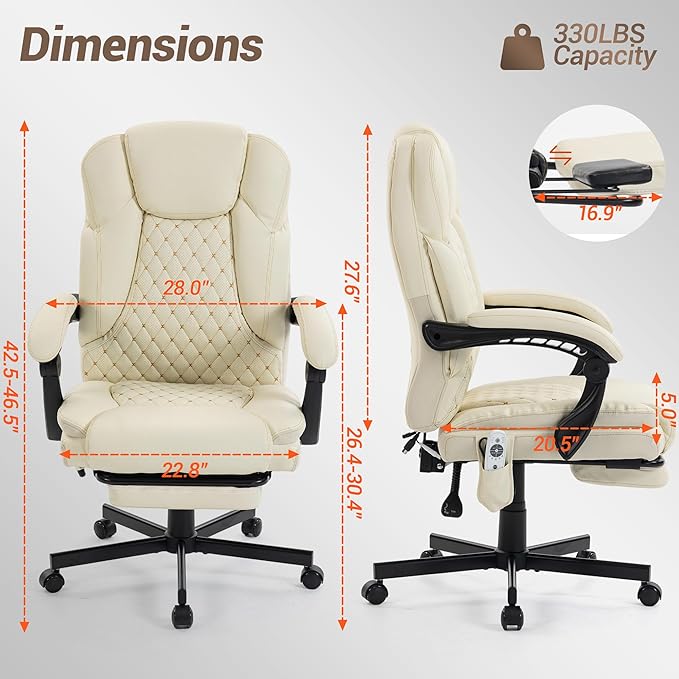 Massage Office Chair with Foot Rest, 6 Points Vibration Heating Executive Chairs Ergonomic Home Office Desk Chair with Reclining Backrest, Adjustable Arms and Lumbar Support-Beige