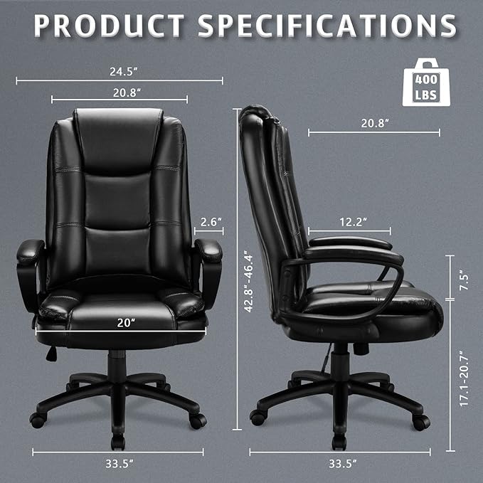 LEMBERI Office Desk Chair, Managerial Executive Chair, High Back Computer Chair, Ergonomic Height Adjustable PU Leather Chairs with Padded Armrest for Long Time Sitting (Black)