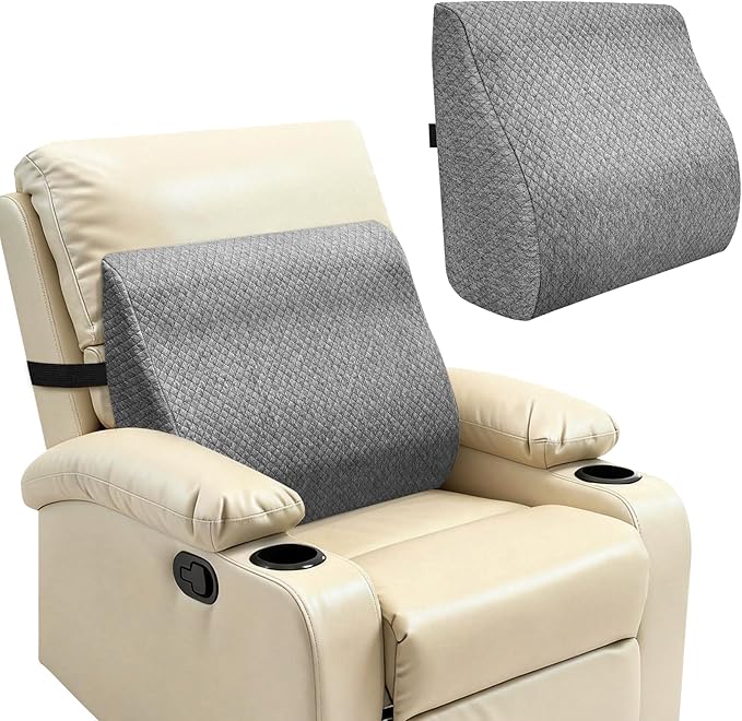 Recliner Lumbar Support Pillow Ergonomic Foam Cushion with Anti-Slip Backing & Adjustable Strap for Chair, Sofa, or Glider(Grey)