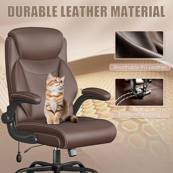 Ergonomic Office Chair, Home Desk Computer Chair, High Back Executive Chair- Padded Leather Comfy Chair with Adjustable Lumbar Support & Flip-Up Arms, Swivel Chair for Home Office,Brown 2 Pack