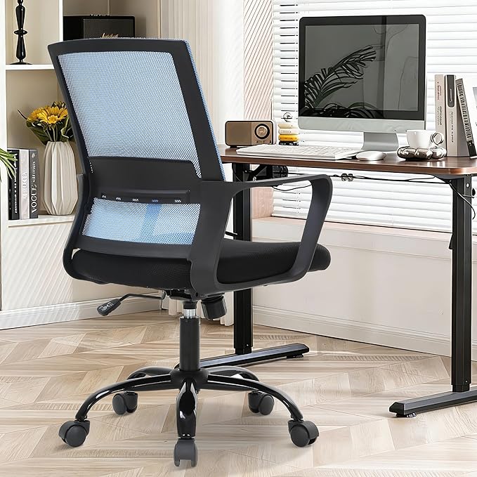 Ergonomic Office Chair, Comfortable Home Desk Chair, Breathable Mesh Back Computer Chair and Lumbar Support, Adjustable Height, Sponge Seat, Blue