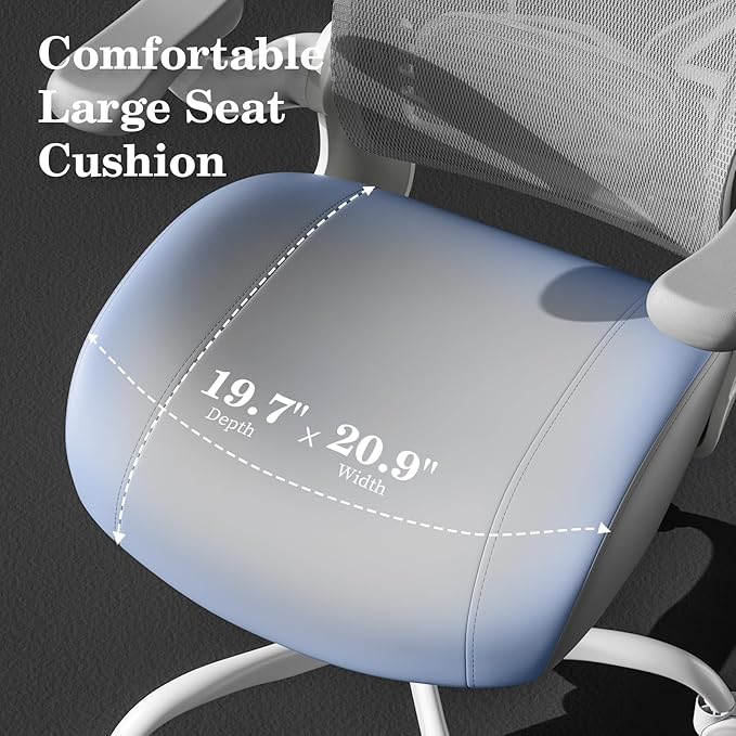 GYI Ergonomic Office Chair, Computer Desk Chair with Memory Foam Seat, Technical Mesh Back, 3D Flip-up Arms, Adjustable Lumbar Support&Height, Wheels for Home or Office, Grey White