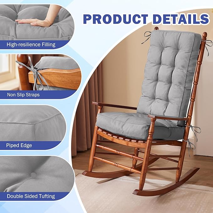 IPYNBAP Rocking Chair Cushion, Waterproof and Fade-Resistant Patio Chair Cushions, Tufted Chair Pads for Rocker Furniture, 18x18 Inch, Indoor/Outdoor Seat Cushions with Ties, Light Grey