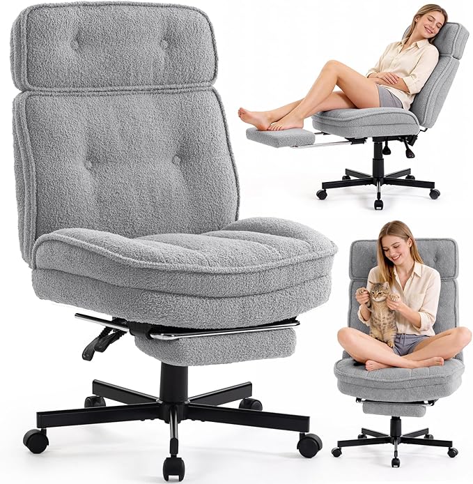 Criss Cross Chair with Wheels - Home Office Desk Chairs with Foot Rest, Morden Comfy Swivel Makeup Chair for Vanity, Ergonomic Cross Legged Office Chair with High Back & Wide Seat, Grey