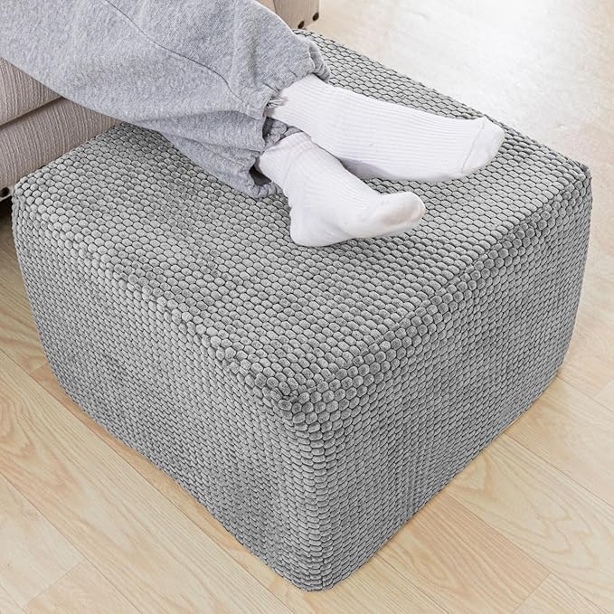 Furry Square Pouf Ottoman – 20"x14" One-Piece Seamless Integral Foam Foot Stool Ottoman Foot Rest Living Room Bedroom Under Desk (Gray)