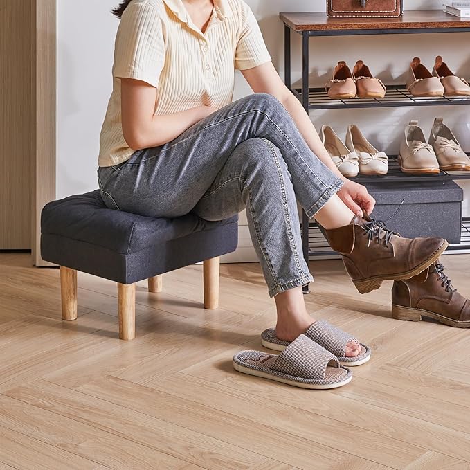 YMYNY 15.75" Small Foot Stool Ottoman, Footrest with Sponge Soft Padded Seat, Cotton-Linen Blend Fabric Footstool for Sofa, Bedroom, Living Room, Entryway, Solid Wood Legs, Dark Grey UHBD023BG