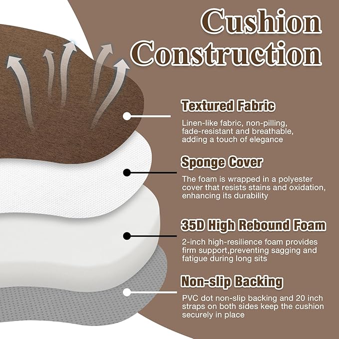 4 Pack Brown Winsor Chair Cushions with Ties, Dining Kitchen Chair Seat Pads Non Slip Removable Washable Cover 17"x16"
