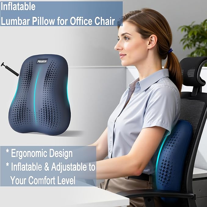 Lumbar Support Pillow, Inflatable Rubber Lumbar Pillow for Lower Back Pain Relief - Car Back Cushion for Driving Seat, Office Chair, Back Support Stretcher, Waterproof, Adjustable Thick, 12''Lx 14''H
