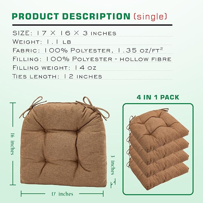 SQUARE MOON Chair Cushions for Dining Chairs, 3 Inch Thick Comfortable Kitchen Chair Pads, Dining Room Seat Cushions with Ties, Machine Washable, 17" x 16" x 3", 4/Pack, Coffee