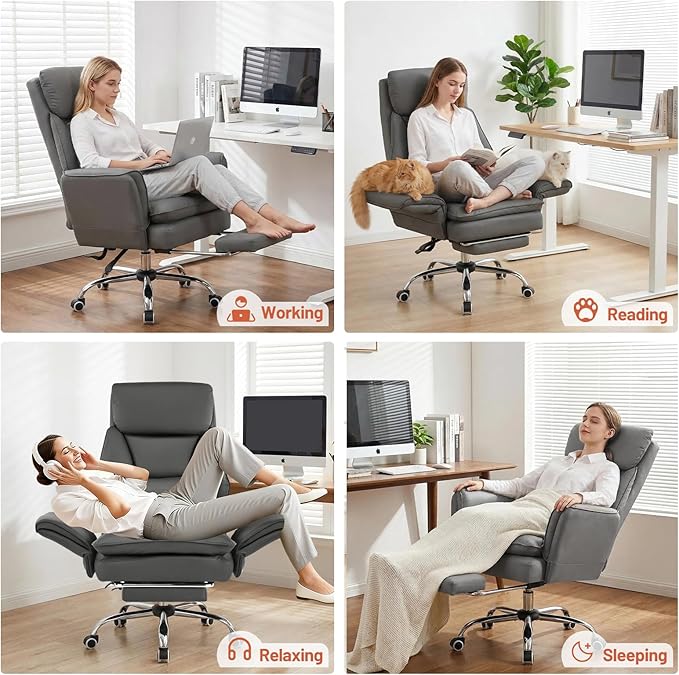 Furniliving Big and Tall Office Chair, Executive Reclining Computer Gaming Chair with Foot Rest, Flip Armrest & Lumbar Pillow, Thicken Wider Seat for Criss Cross Legged Sitting, Desk Chair, PU, Grey