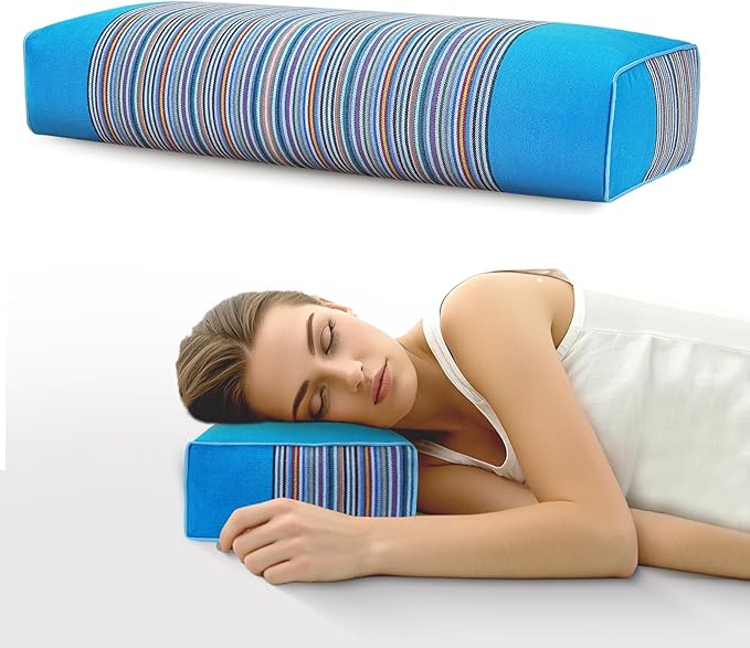 Adjustable Buckwheat Hull Pillow for Neck Pain Relief (21x8x4) Natural Cooling Cervical Support Camping Pillow for Side & Back Sleepers with Night Sweats (Blue)