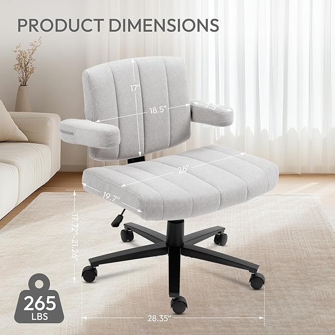 Vigosit Criss Cross Office Chair, Plush Oversized for Cross-Legged Sitting, Adjustable Arms & 360° Swivel Casters - for Home Office, Study, Gaming, Vanity, Comfortable Computer Chair(Grey)