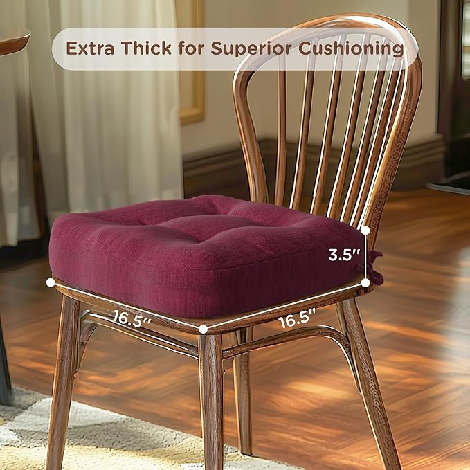 Codi Dining Chair Cushions 4 Pack, Thick Chairs Pads for Indoor Kitchen Room - Washable, Non-Slip Memory Foam Seat Cushion with Ties, 16.5"x16.5"x 3.5", Set of 4, Wine New