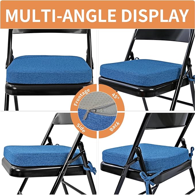 SINOSSO Memory Foam Chair Cushions for Folding Chairs 4 Pack, Thickened 2" Square Pads with Ties for Kitchen Chairs, Indoor Non-Slip Dining Chair Seat Cushions (Set of 4, Blue)