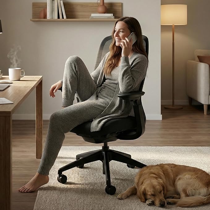 COLAMY Aether Executive Office Chair for Long Hours, One-Touch Easy Adjust Managerial Desk Chair with Levitating Seat Cushion & Pilot-Level Sync Armrests, 300 LBS Mid Back Mesh Computer Chair,Black