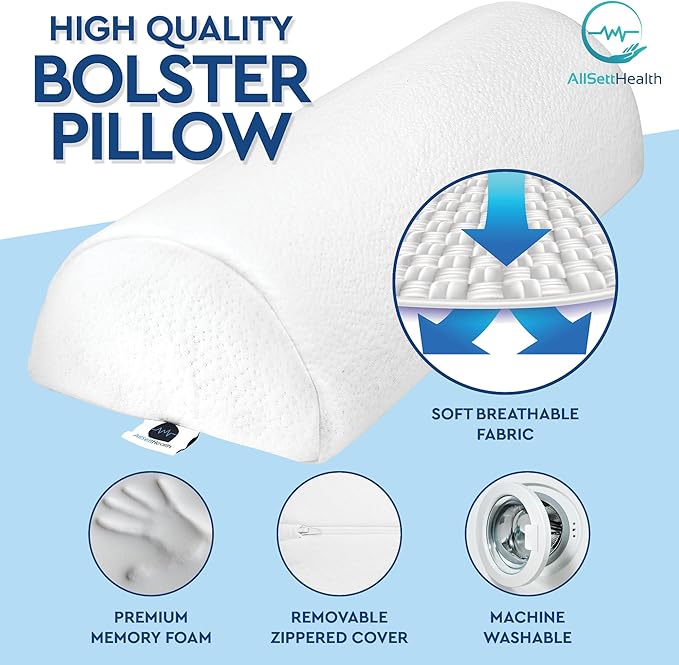AllSett Health Half Moon Bolster Pillow for Legs, Back and Head (2 Pack) Semi Roll for Ankle and Foot Comfort with White Cotton Machine Washable Cover | Premium Memory Foam | 2 Pillow System