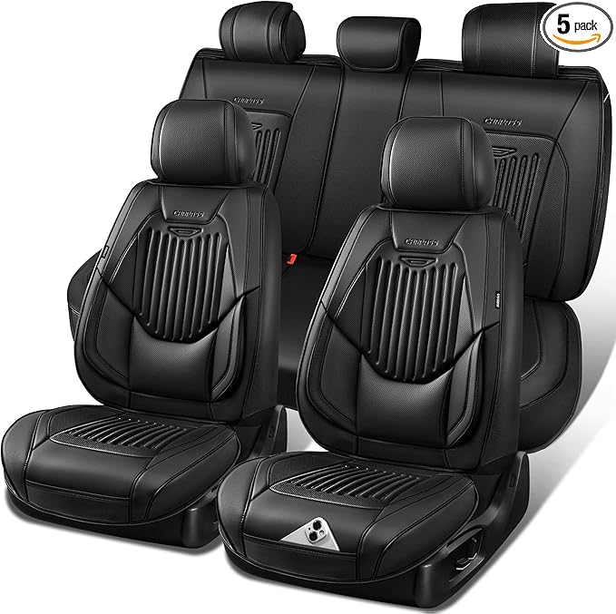 CAR PASS Luxury Nappa Leather Car Seat Covers Full Set, Lumbar Support Seat Covers for Car 5 Seats, Waterproof Car Seat Protector, Automotive Seat Covers Universal Fit for Most Sedans SUV Trucks Black