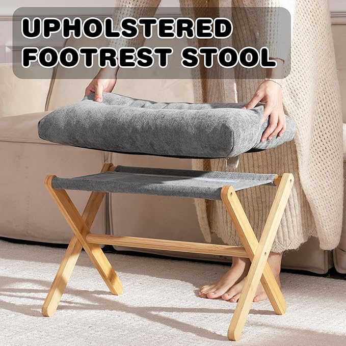 Baveke Folding Upholstered Footrest Stool, Small Accent Ottoman with Thick Cotton Cushion & Bamboo X Legs, Modern Padded Sofa Stool for Makeup Bedroom Living Room, Grey