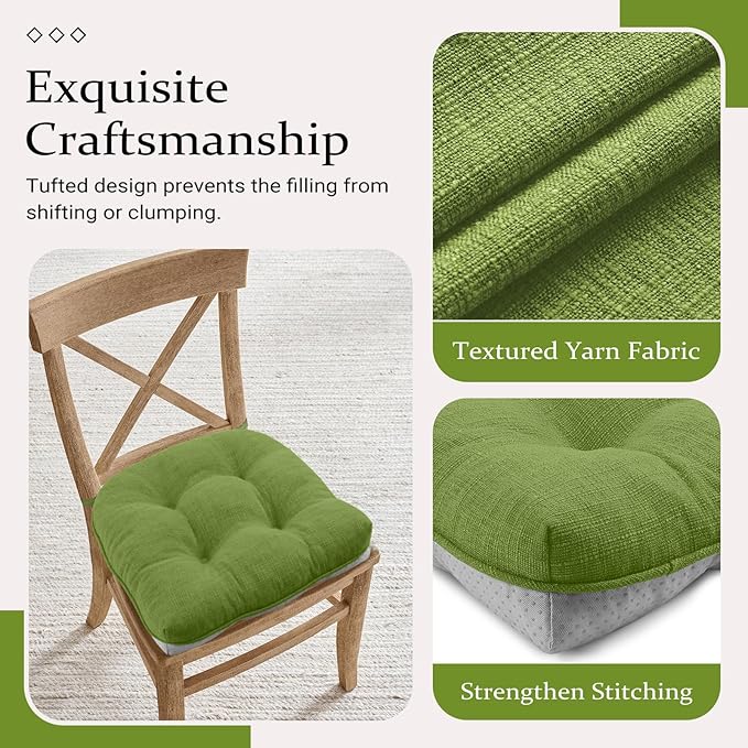 Wellsin Chair Cushions for Dining Chairs, Non-Slip Kitchen Chair Pads with Ties, Tufted Shredded Foam Kitchen Chair Cushions Set of 4, 15.5" X 15.5", Grass Green