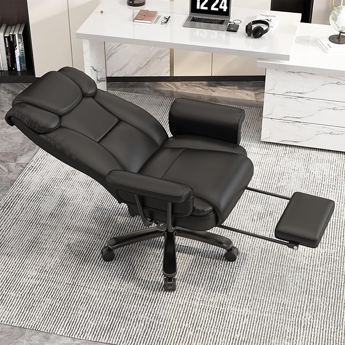 GYI 160 Reclining Office Chair with Footrest, Big and Tall High Back Home Office Chair, Leather Computer Desk Chair with Cross Legged Seat, Arms, Wheels, Black