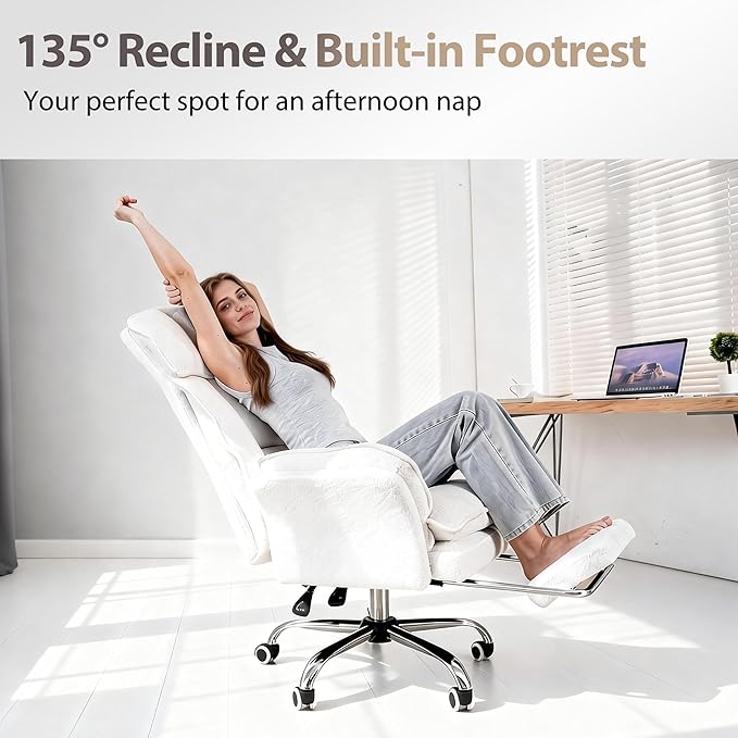 Big and Tall Office Chair, Executive Ergonomic Computer Gaming Chair with Foot Rest, Flip Armrests for Cross Legged Sitting & Pets, Teddy Fleece Wide Seat Reclining Desk Chair, White Criss Cross Chair