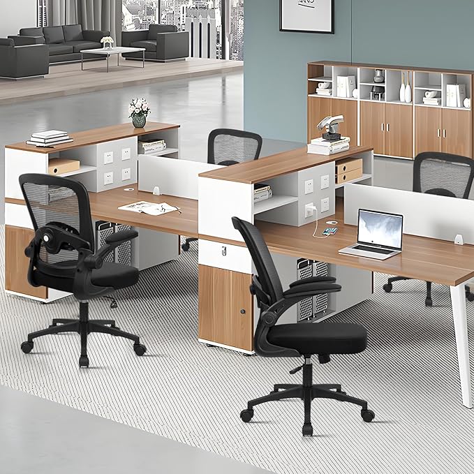 KLASIKA Desk Chairs with Wheels, Ergonomic Mesh Back Home Office Chair Adjustable Lumbar Support and Height Swivel Rolling Computer Task Chairs with Flip Up Armrests for Conference Meeting, Black, 2PK