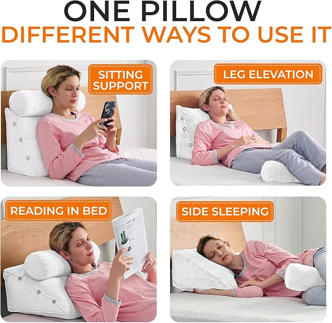 Cheer Collection Reading Wedge Pillow - Adjustable Wedge Reading Pillow with Neck Support, Hollow Fiber-Filled Backrest Pillow for Reading, Gaming, and TV Watching, White