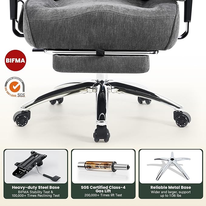 500lbs Big and Tall Office Chair Adjustable Lumbar Support, Extra Wide Seat Ergonomic Gaming Chair with Footrest, Heavy Duty High Back Executive Leather Computer Desk Chair (Grey Fabric)