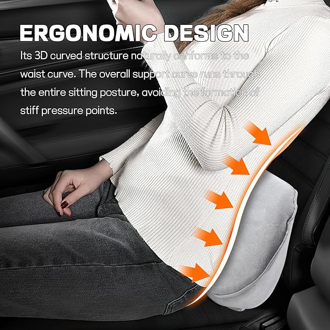 wuyaoyao Lumbar Support Pillow for Car, Memory Foam Auto Seat Lower Back Support Cushion for Back Pain Relief, Ergonomic Comfortable Driving Seat Lumbar Pillow, Universal Car Accessories (Gray)